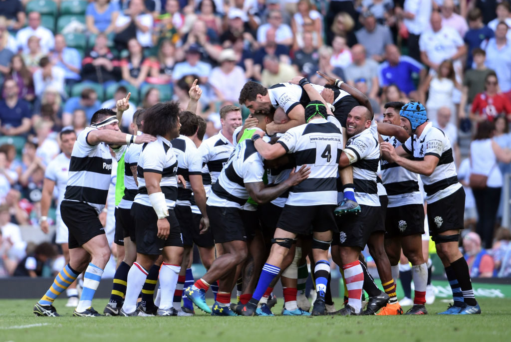 Barbarians' players celebrate against England