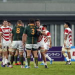Japan and Bok players interact after the World Cup warm-up game in Kumagaya