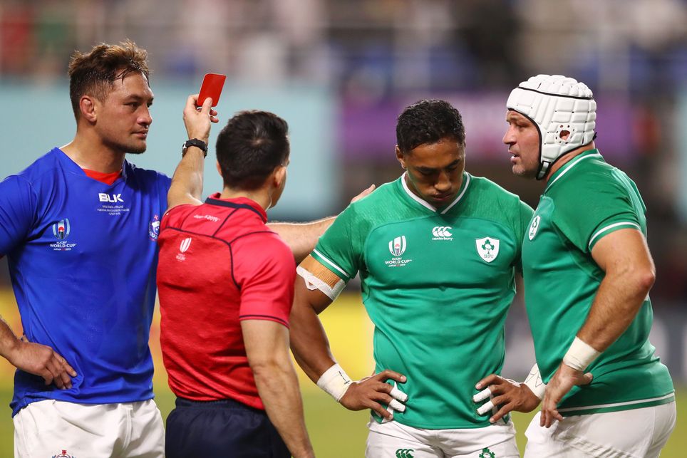Ireland's Bundee Aki receives a red card