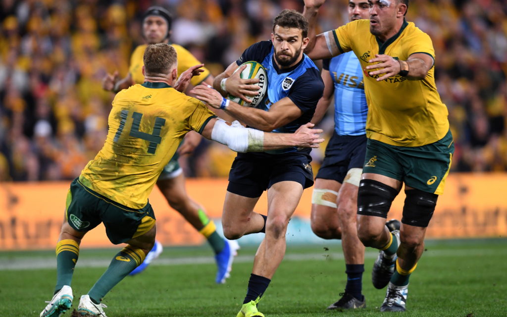 Ramiro Moyano of the Pumas (centre) in action during the Rugby Championship match between Australia and Argentina at Suncorp Stadium in Brisbane