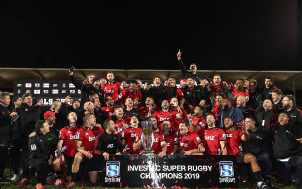 The Crusaders celebrate their 2019 Super Rugby win