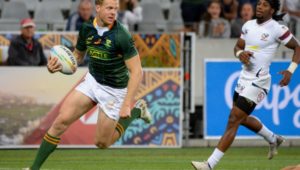 Dylan Sage scores a try during the Cape Town leg of the World Rugby Sevens Series rugby match between South Africa and USA on December 14, 2019 at the Cape Town Stadium