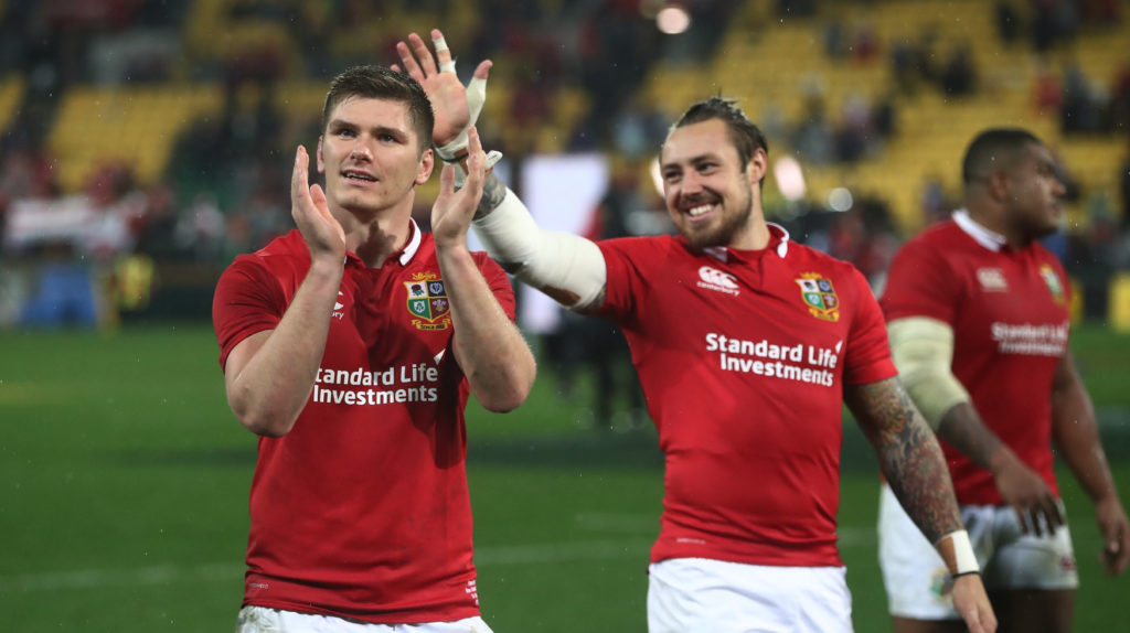 Owen Farrell and Jack Nowell of the Lions celebrate following their team's 24-21 victory during the second test match between the New Zealand All Blacks and the British &Irish Lions