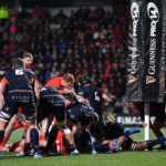 Pierre Schoeman of Edinburgh lifts up the post pads during the match against Munster during the Guinness PRO14 Round 7 match between Munster and Edinburgh