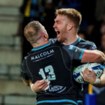 Kyle Steyn celebrates his try for the Glasgow Warriors