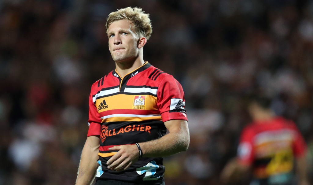 Chiefs Damian McKenzie looks on during the round five Super Rugby match between the Chiefs and the Hurricanes