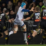 Nicolaas Janse Van Rensburg (C) runs with the ball during the French Top 14 rugby union match between La Rochelle and Montpellier at the Marcel Deflandre Stadium