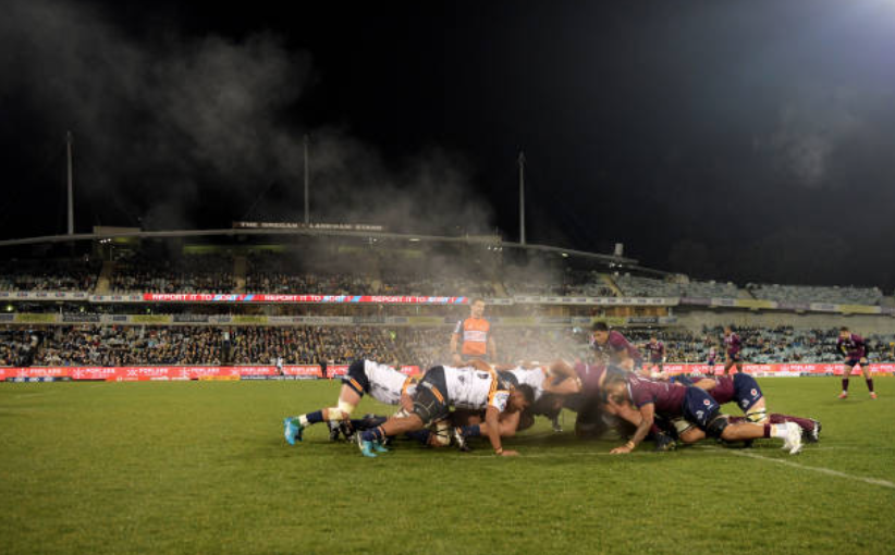 The Reds and Brumbies scrum in a Super Rugby match