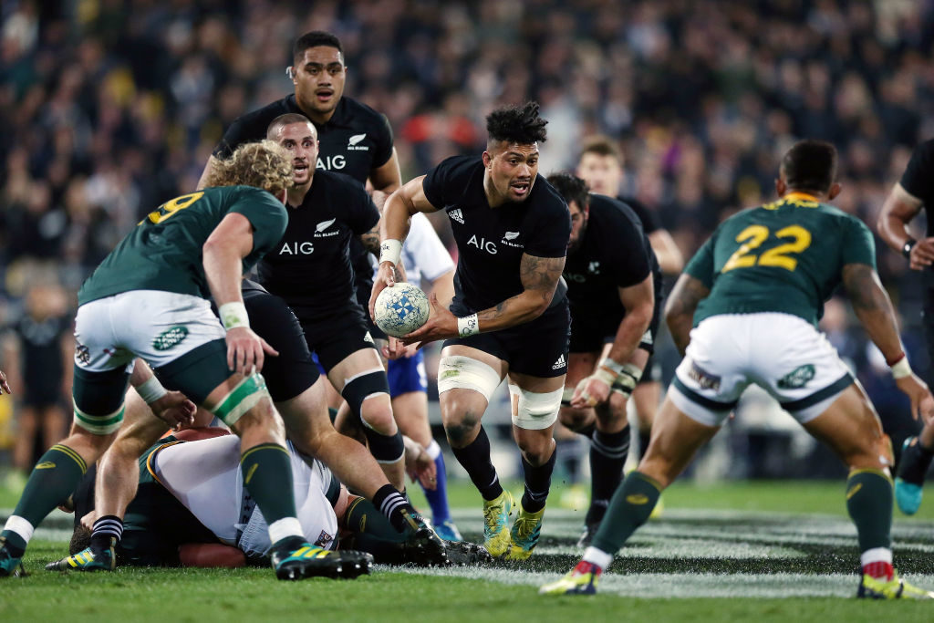 Ardie Savea of the All Blacks on the charge during The Rugby Championship match between the New Zealand All Blacks and the South Africa Springboks at Westpac Stadium