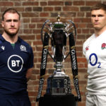 Scotland's Stuart Hogg (left) and England's Owen Farrell pose for a photo with the Six Nations Trophy