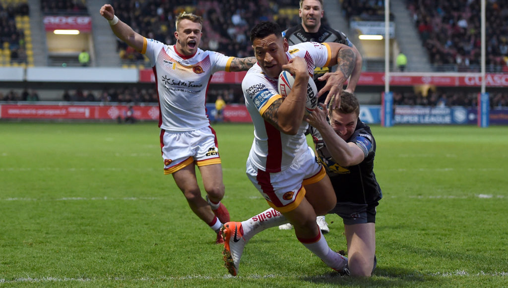 Israel Folau of Catalans Dragons scores his team's second try during the Betfred Super League match between Catalans Dragons and Castleford Tigers