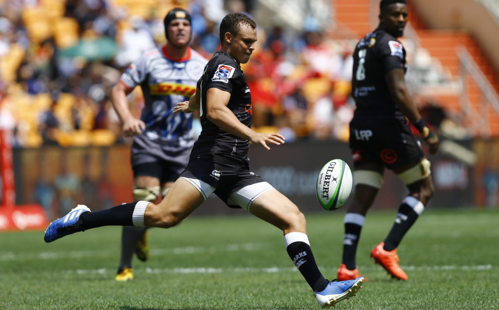 Cell C Sharks rugby Curwin Bosch kicks the ball during the Super Hero Sunday match played at Soccer City, Johannesburg, South Africa, 19 January 2020