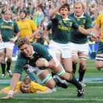 Juan Smith of South Africa scores during the Tri Nations match between South Africa and Australia at Loftus Versfeld Stadium on August 28, 2010 in Pretoria, South Africa