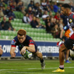 Andrew Kellaway of the Rebels scores a try during the round six Super Rugby match between the Rebels and the Lions