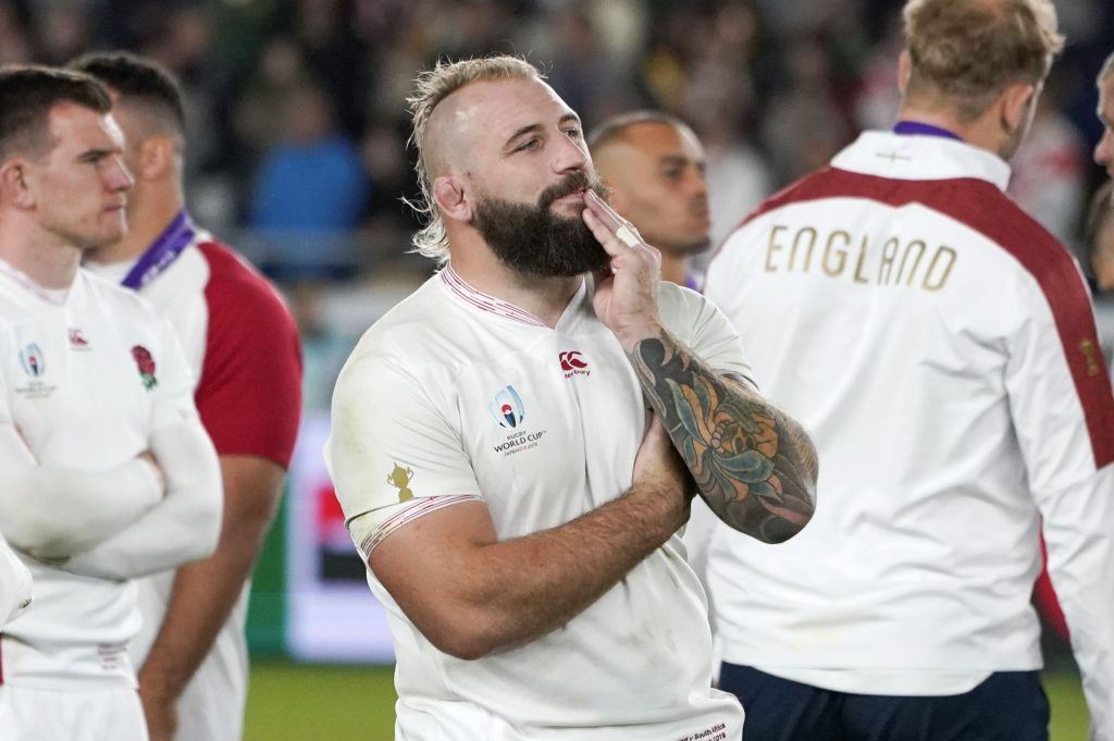 epa07966458 Joe Marler of England (L) reacts with team mates after the Rugby World Cup final match between England and South Africa at the International Stadium Yokohama, Kanagawa Prefecture, Yokohama, Japan, 02 November 2019. EPA/FRANCK ROBICHON EDITORIAL USE ONLY/ NO COMMERCIAL SALES / NOT USED IN ASSOCATION WITH ANY COMMERCIAL ENTITY