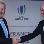 LONDON, ENGLAND - NOVEMBER 15: Bill Beaumont, (L) the World Rugby via Getty Images chairman, shakes hands with FFR President Bernard Laporte after the annoucement that France will host Rugby World Cup 2023 during the Rugby World Cup 2023 Host Decision at the Royal Garden Hotel on November 15, 2017 in London, England. (Photo by Dave Rogers - World Rugby via Getty Images/World Rugby via Getty Images)