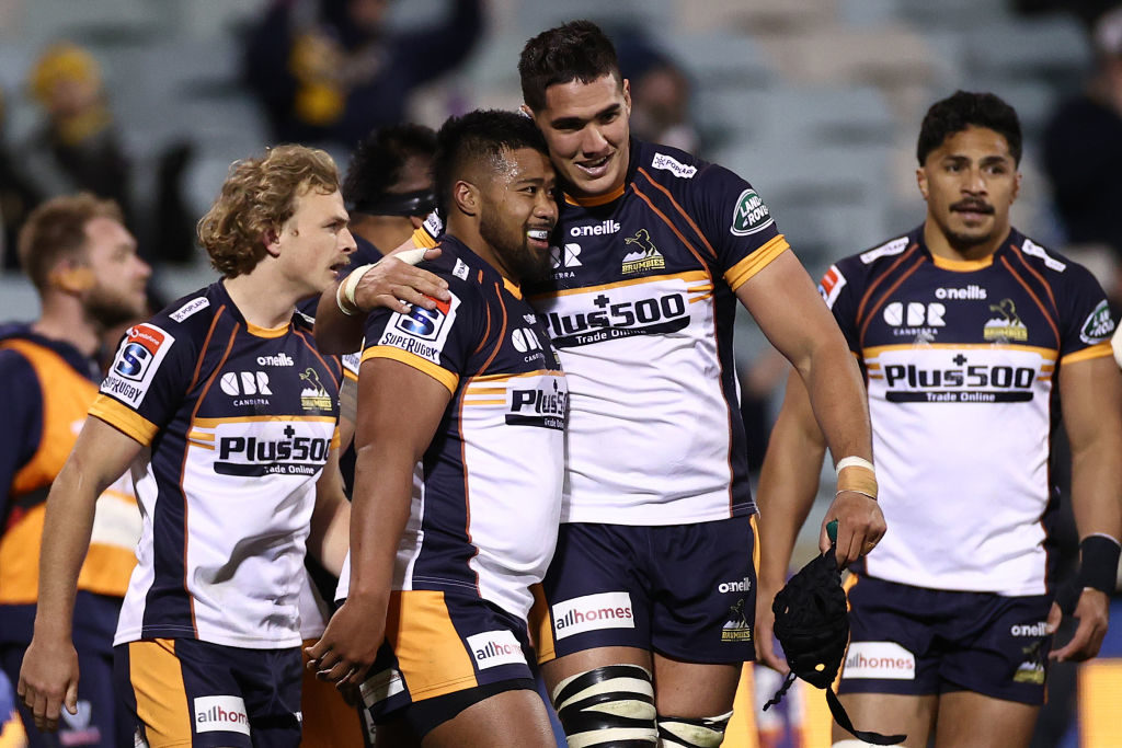 The Brumbies celebrate a try