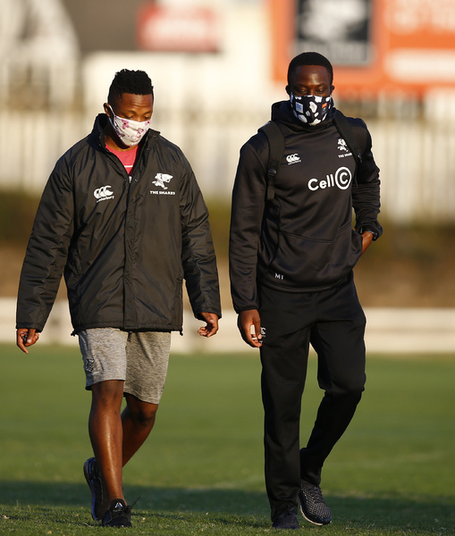 DURBAN, SOUTH AFRICA - JULY 28: SÕbusiso Nkosi with Madosh Tambwe during the Cell C Sharks training session at Jonsson Kings Park Stadium on July 28, 2020 in Durban, South Africa. (Photo by Steve Haag/Gallo Images)