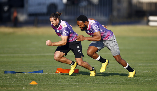 DURBAN, SOUTH AFRICA - JULY 28: Marius Louw with Lukhanyo Am (captain) during the Cell C Sharks training session at Jonsson Kings Park Stadium on July 28, 2020 in Durban, South Africa. (Photo by Steve Haag/Gallo Images)