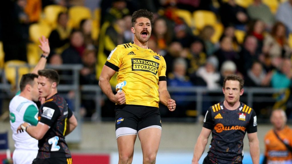 WELLINGTON, NEW ZEALAND - AUGUST 08: Kobus Van Wyk of the Hurricanes celebrates after scoring a try during the round 9 Super Rugby Aotearoa match between the Hurricanes and the Chiefs at Sky Stadium on August 08, 2020 in Wellington, New Zealand. (Photo by Hagen Hopkins/Getty Images)
