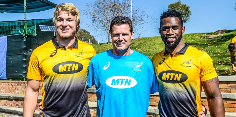 Rassie Erasmus with Springboks Pieter-Steph du Toit and Siya Kolis