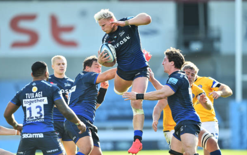Jean-Luc du Preez wins a lineout for Sale Sharks in the Premiership