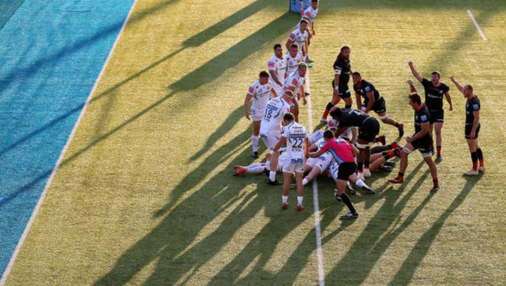 Saracens celebrate a pushover try from a scrum
