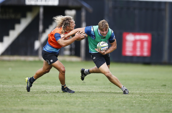 DURBAN, SOUTH AFRICA - SEPTEMBER 02: Werner Kok of the Cell C Sharks and Jordan Sesink-Clee during the Cell C Sharks training session at Jonsson Kings Park Stadium on September 02, 2020 in Durban, South Africa. (Photo by Steve Haag/Gallo Images)