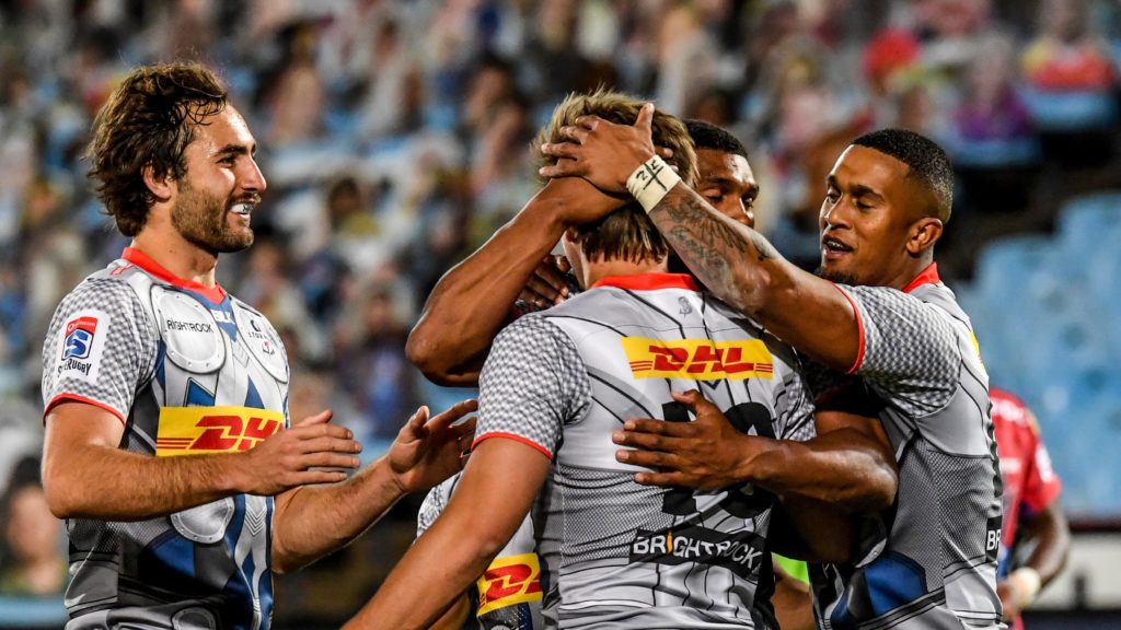 PRETORIA, SOUTH AFRICA - SEPTEMBER 26: Dan du Plessis of the Stormers scores a try and celebrate with teammates during the SuperFan Saturday match between Emirates Lions and DHL Stormers at Loftus Versfeld Stadium on September 26, 2020 in Pretoria, South Africa. (Photo by Sydney Seshibedi/Gallo Images)