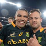 JOHANNESBURG, SOUTH AFRICA - OCTOBER 04: Bryan Habana and Francois Hougaard of South Africa during The Castle Rugby Championship match between South Africa and New Zealand at Ellis Park on October 04, 2014 in Johannesburg, South Africa. (Photo by Duif du Toit/Gallo Images/Getty Images)