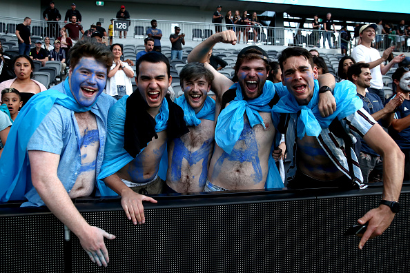 SYDNEY, AUSTRALIA - NOVEMBER 14: Argentinian fans celebrate after winning the 2020 Tri-Nations rugby match between the New Zealand All Blacks and the Argentina Los Pumas at Bankwest Stadium on November 14, 2020 in Sydney, Australia. (Photo by Cameron Spencer/Getty Images)