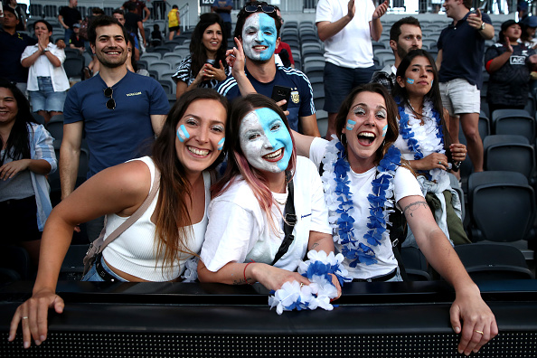 SYDNEY, AUSTRALIA - NOVEMBER 14: Argentinian fans celebrate after winning the 2020 Tri-Nations rugby match between the New Zealand All Blacks and the Argentina Los Pumas at Bankwest Stadium on November 14, 2020 in Sydney, Australia. (Photo by Cameron Spencer/Getty Images)