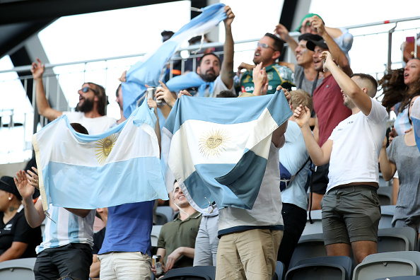 SYDNEY, AUSTRALIA - NOVEMBER 14: Argentinian fans show their support during the 2020 Tri-Nations rugby match between the New Zealand All Blacks and the Argentina Los Pumas at Bankwest Stadium on November 14, 2020 in Sydney, Australia. (Photo by Mark Kolbe/Getty Images)