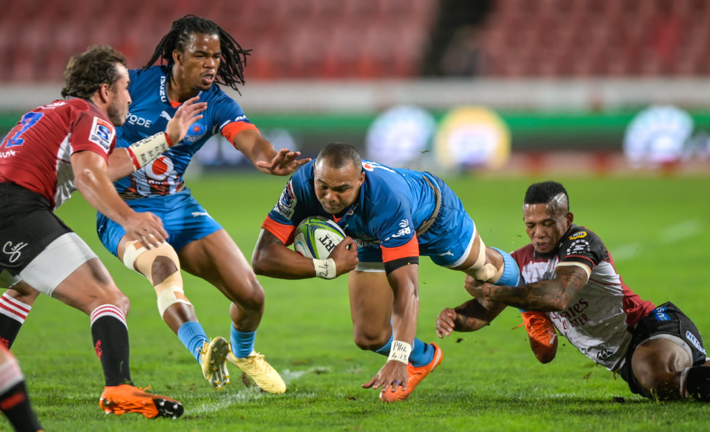 The Bulls' Kurt-Lee Arendse and The Bulls' Cornal Hendricks during the 2020 Super Rugby Unlocked game between the Emirates Lions and Vodacom Bulls at Emirates Airline Park in Johannesburg on 07 November 2020 Photo: Christiaan Kotze/BackpagePix