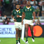 YOKOHAMA, JAPAN - NOVEMBER 02: Makazole Mapimpi of South Africa celebrates with team mate Lukhanyo Am after scoring their team's first try during the Rugby World Cup 2019 Final between England and South Africa at International Stadium Yokohama on November 02, 2019 in Yokohama, Kanagawa, Japan. (Photo by Cameron Spencer/Getty Images)
