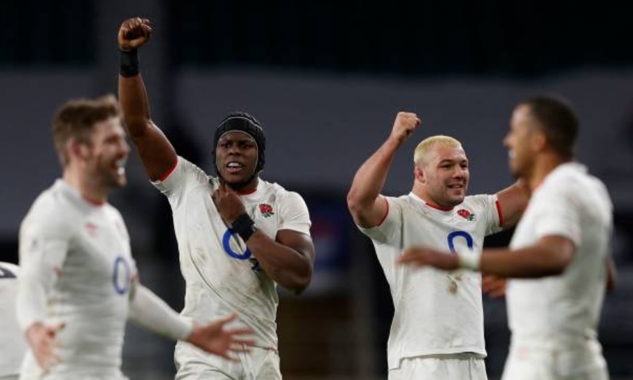 Maro Itoje celebrates England's win over France