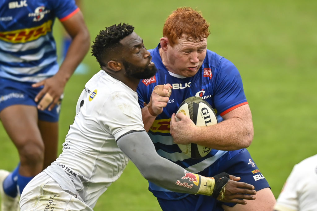 Siya Kolisi of the Cell C Sharks stops the drive of Steven Kitshoff, Captain of the DHL Stormers during the 2021 Rainbow Cup SA game between the Sharks and the Stormers at Kings Park Stadium on 22 May 2021 © Gerhard Duraan/BackpagePix