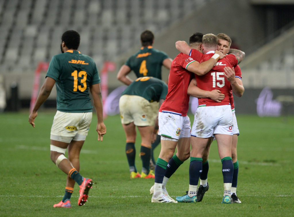 BI Lions players celebrate victory at the final whistle during the 2021 British and Irish Lions Tour first test between South Africa and BI Lions at Cape Town Stadium on 24 July 2021 ©Ryan Wilkisky/BackpagePix
