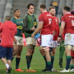 Players shake hands after the 2021 British and Irish Lions Tour first test between South Africa and BI Lions at Cape Town Stadium on 24 July 2021 ©Ryan Wilkisky/BackpagePix