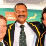 JOHANNESBURG, SOUTH AFRICA - OCTOBER 10: (L-R) John Smit, coach Peter de Villiers and Victor Matfield of South Africa pose during the Springboks Arrival Media Conference at OR Tambo International Airport on October 10, 2011 in Johannesburg, South Africa. (Photo by Lee Warren/Gallo Images/Getty Images)