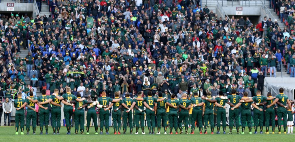 PORT ELIZABETH, SOUTH AFRICA - AUGUST 19: Springboks line up during the Rugby Championship match between South Africa and Argentina at Nelson Mandela Bay Stadium on August 19, 2017 in Port Elizabeth, South Africa.