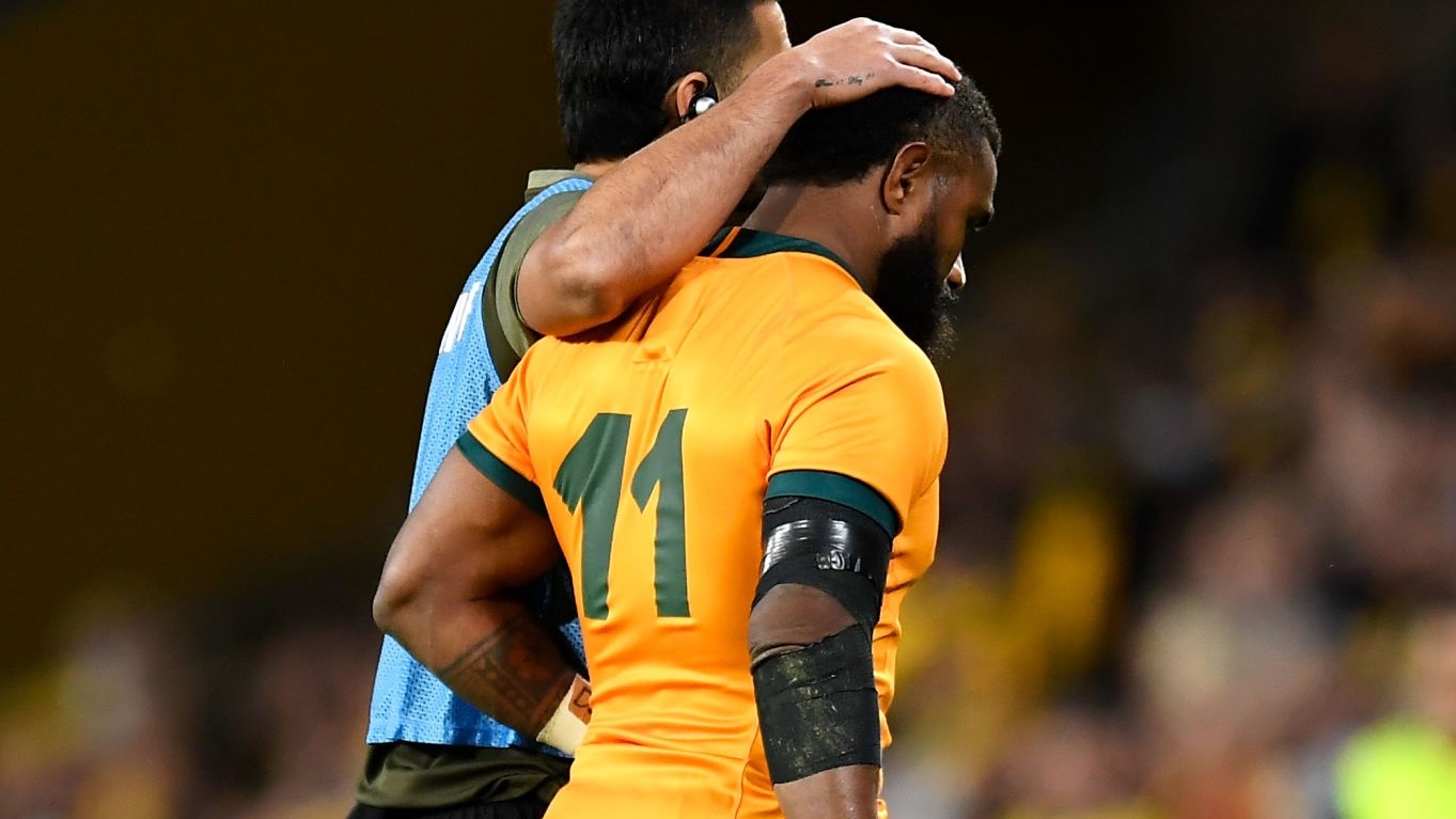 BRISBANE, AUSTRALIA - JULY 17: Marika Koroibete of the Wallabies looks dejected as he leaves the field after being given a red card and sent off for a high tackle during the International Test Match between the Australian Wallabies and France at Suncorp Stadium on July 17, 2021 in Brisbane, Australia. (Photo by Albert Perez/Getty Images)