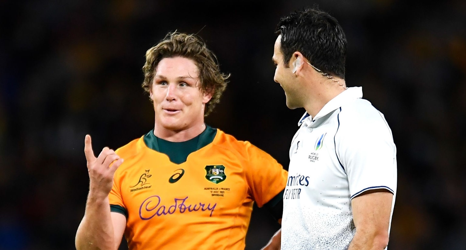 BRISBANE, AUSTRALIA - JULY 17: Michael Hooper of the Wallabies speaks to referee Ben O’Keeffe during the International Test Match between the Australian Wallabies and France at Suncorp Stadium on July 17, 2021 in Brisbane, Australia. (Photo by Albert Perez/Getty Images)