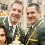 SOUTH AFRICA - OCTOBER 26: Victor Matfield, Bakkies Botha and Pierre Spies of South Africa hold the Webb-Ellis Cup during the Springboks Rugby World Cup victory parade between Pretoria and Johannesburg, on October 26, 2007 in South Africa. (Photo by Duif du Toit/Gallo Images/Getty Images)