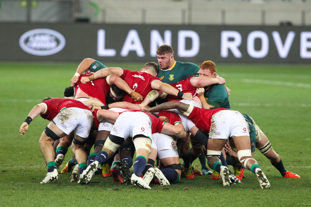 CAPE TOWN, SOUTH AFRICA - JULY 24:Springbok front row scrumming during the Castle Lager Lions Series 1st Test match between South Africa and British and Irish Lions at Cape Town Stadium on July 24, 2021 in Cape Town, South Africa.