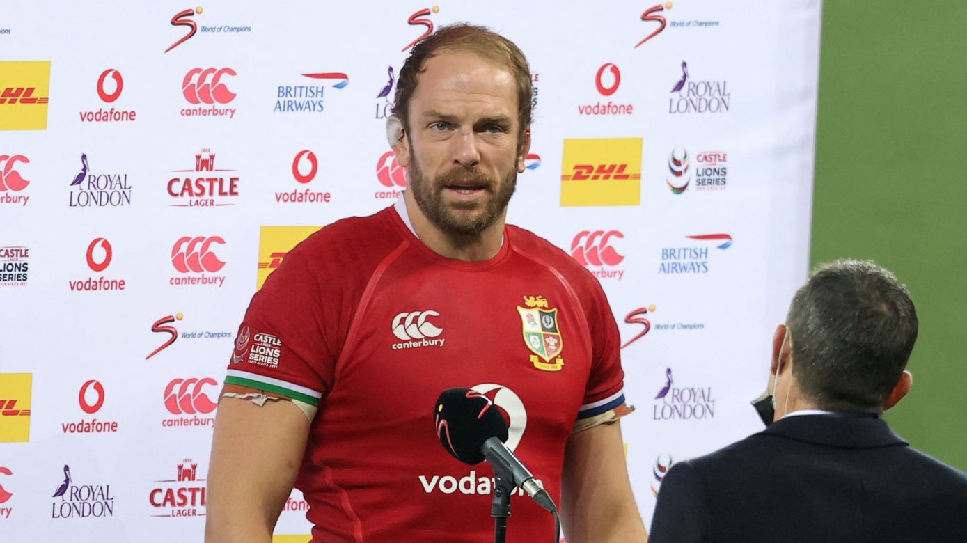 British and Irish Lions' captain and lock Alun Wyn Jones speaks with media representatives after defeat in the third rugby union Test match between South Africa and the British and Irish Lions at The Cape Town Stadium in Cape Town on August 7, 2021. (Photo by PHILL MAGAKOE / AFP) (Photo by PHILL MAGAKOE/AFP via Getty Images)