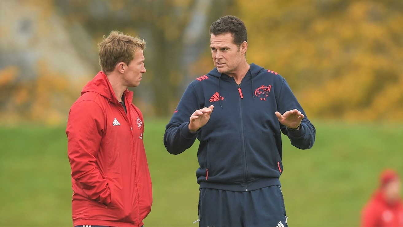 Limerick , Ireland - 30 October 2017; Munster scrum coach Jerry Flannery and Munster director of rugby Rassie Erasmus in conversation during Munster Rugby Squad Training at the University of Limerick in Limerick. (Photo By Diarmuid Greene/Sportsfile via Getty Images)