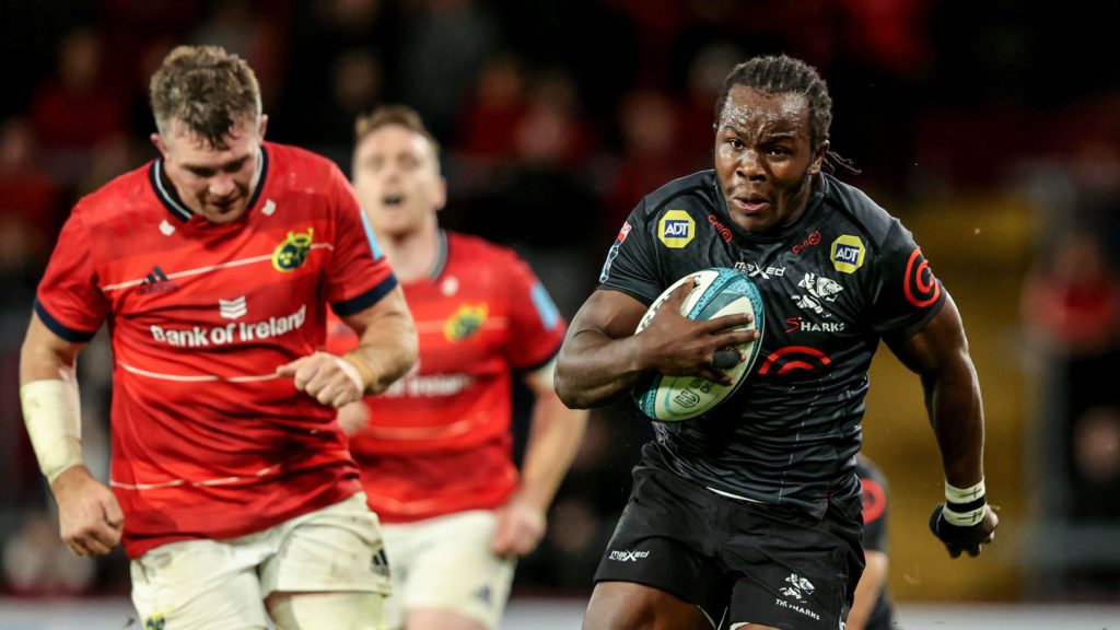 Munster vs Cell C Sharks. Sharks' Yaw Penxe runs in a try United Rugby Championship, Thomond Park, Limerick - 25 Sep 2021