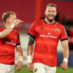Munster vs Cell C Sharks. Munster's Mike Haley celebrates after the game with RG Snyman United Rugby Championship, Thomond Park, Limerick - 25 Sep 2021