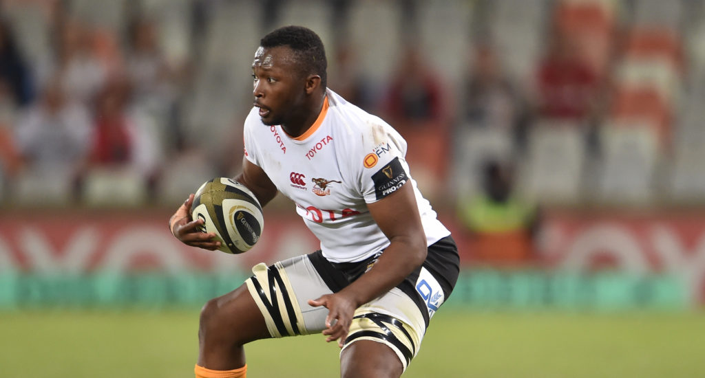 BLOEMFONTEIN, SOUTH AFRICA - OCTOBER 11: Junior Pokomela of the Toyota Cheetahs during the Guinness Pro14 match between Toyota Cheetahs and Munster at Toyota Stadium on October 11, 2019 in Bloemfontein, South Africa.